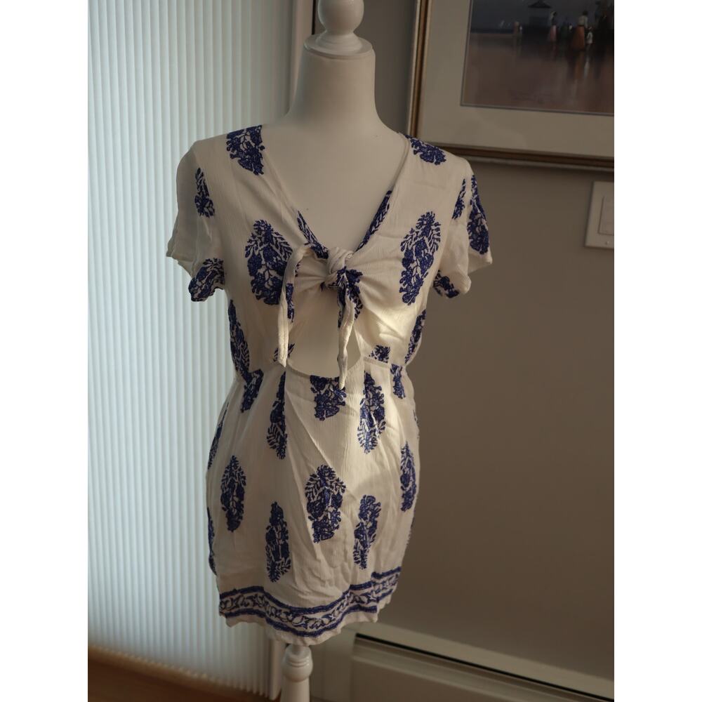 Devi White Blue Floral Tie Front Mini Dress Size L